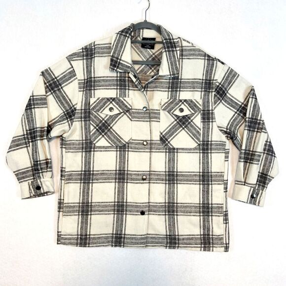 HFX Jacket Shacket Womens Medium White Black Plaid Snap Button Up Pockets Wool - Picture 1 of 7